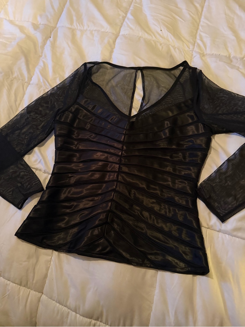 Dress Barn Black Sheer Mesh and Satin Stripe V-Neck Top - Picture 7 of 10